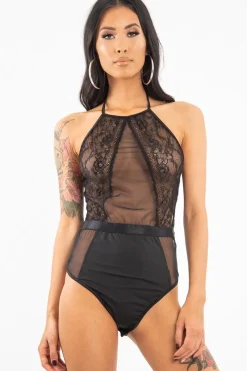 Rebellious Fashion Black Sheer Lace High Neck Bodysuit - Joules