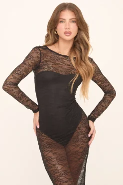 Rebellious Fashion Black Sheer Lace Long Sleeves Maxi Dress - Dawn