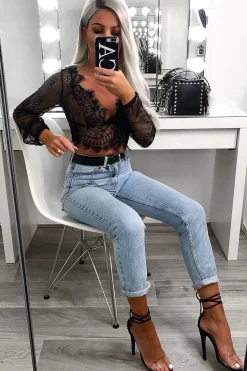 Rebellious Fashion Black Sheer Lace Plunge Long Sleeve Top - Eyana