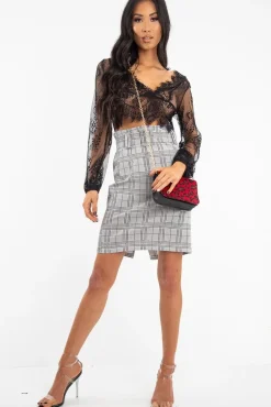 Rebellious Fashion Black Sheer Lace Plunge Long Sleeve Top - Eyana