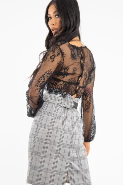 Rebellious Fashion Black Sheer Lace Plunge Long Sleeve Top - Eyana