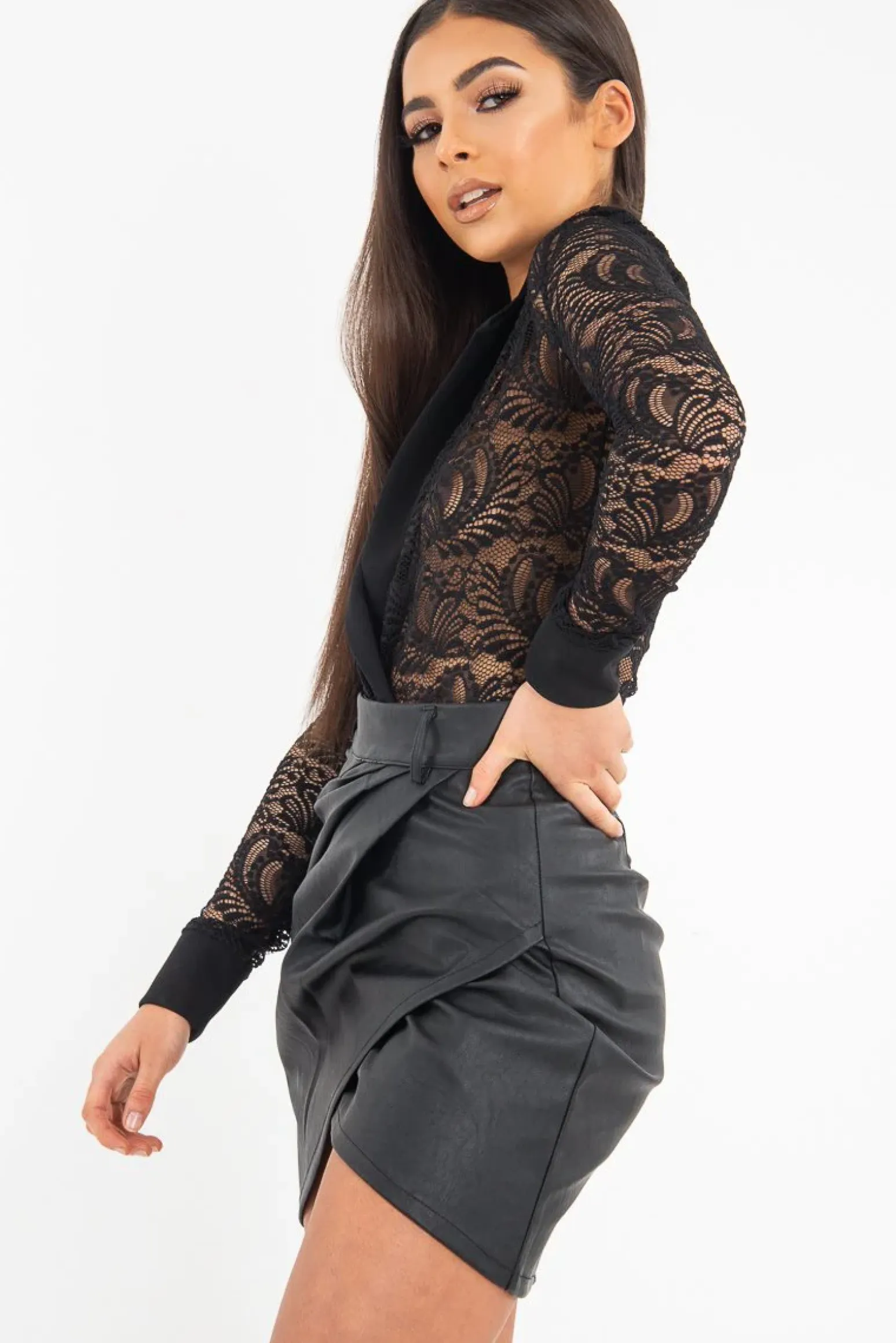 Rebellious Fashion Black Sheer Lace Plunge Long Sleeve Bodysuit - Janica