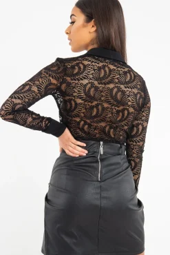 Rebellious Fashion Black Sheer Lace Plunge Long Sleeve Bodysuit - Janica