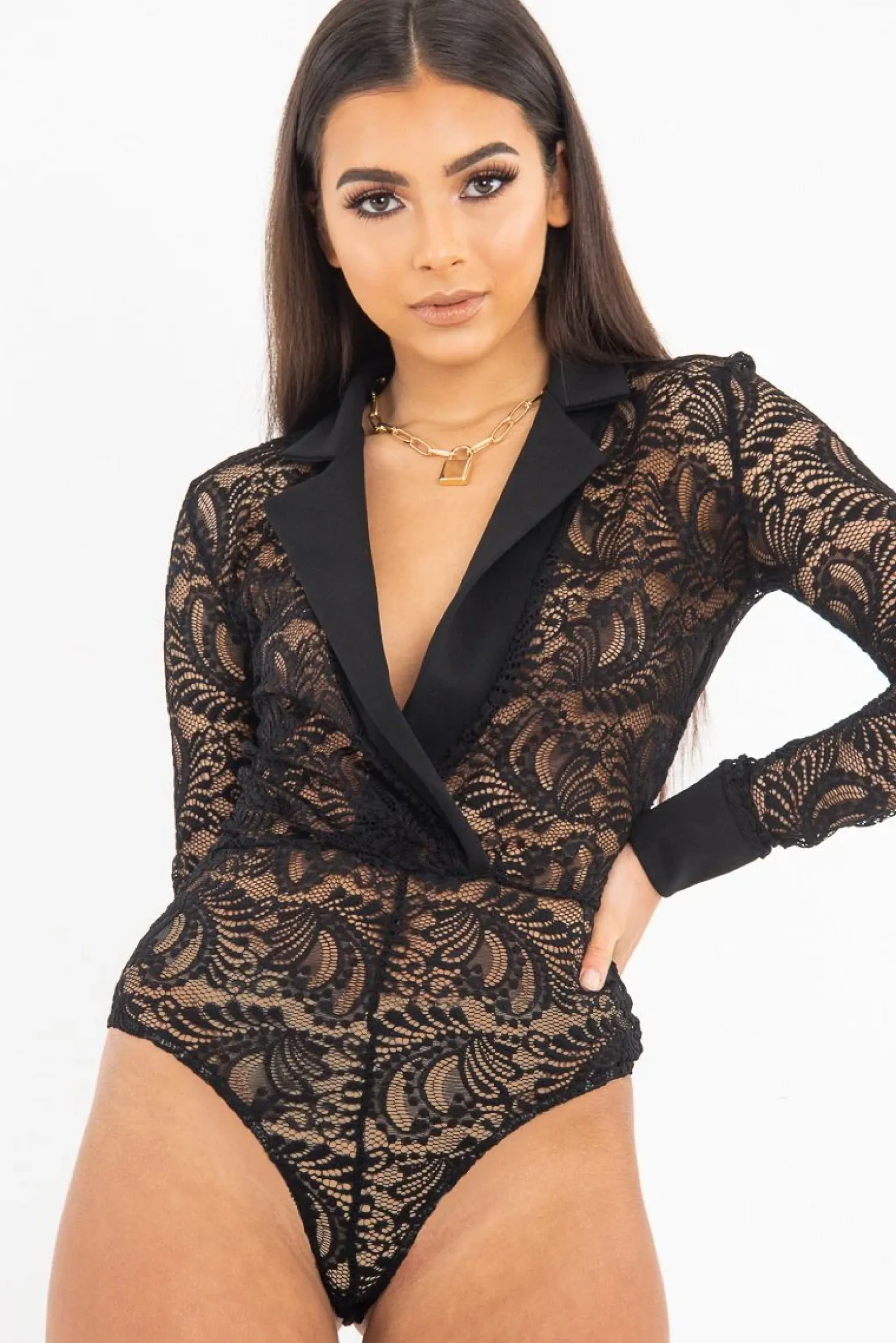 Rebellious Fashion Black Sheer Lace Plunge Long Sleeve Bodysuit - Janica