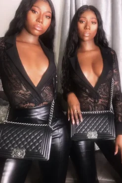 Rebellious Fashion Black Sheer Lace Plunge Long Sleeve Bodysuit - Janica