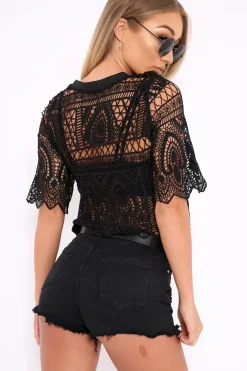 Rebellious Fashion Black Sheer Lace Scalloped Crop Top - Odyssey