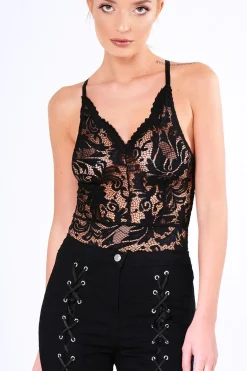Rebellious Fashion Black Sheer Lace Strappy Bodysuit - Rozina