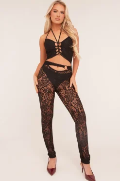 Rebellious Fashion Black Sheer Lace Tie Detail Jumpsuit - Lucinda