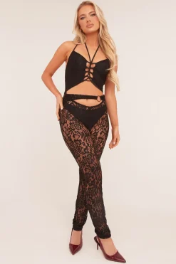 Rebellious Fashion Black Sheer Lace Tie Detail Jumpsuit - Lucinda
