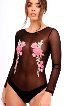 Rebellious Fashion Black Sheer Mesh Embroidered Long Sleeved Bodysuit - Malina