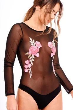 Rebellious Fashion Black Sheer Mesh Embroidered Long Sleeved Bodysuit - Malina