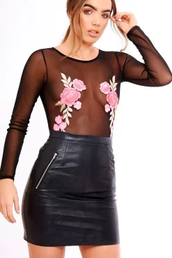 Rebellious Fashion Black Sheer Mesh Embroidered Long Sleeved Bodysuit - Malina