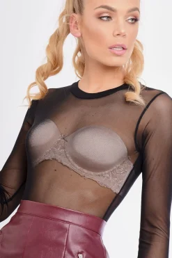Rebellious Fashion Black Sheer Mesh Long Sleeved Bodysuit - Rhia