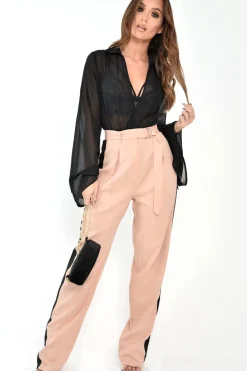 Rebellious Fashion Black Sheer Plunge Flared Sleeve Bodysuit - Evee