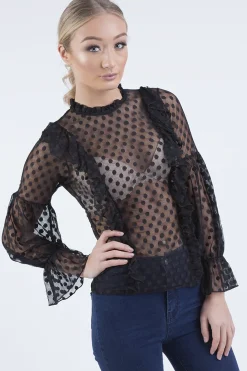 Rebellious Fashion Black Sheer Polka Dot Frill Blouse - Kaitlin