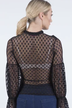 Rebellious Fashion Black Sheer Polka Dot Frill Blouse - Kaitlin