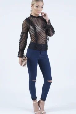 Rebellious Fashion Black Sheer Polka Dot Frill Blouse - Kaitlin