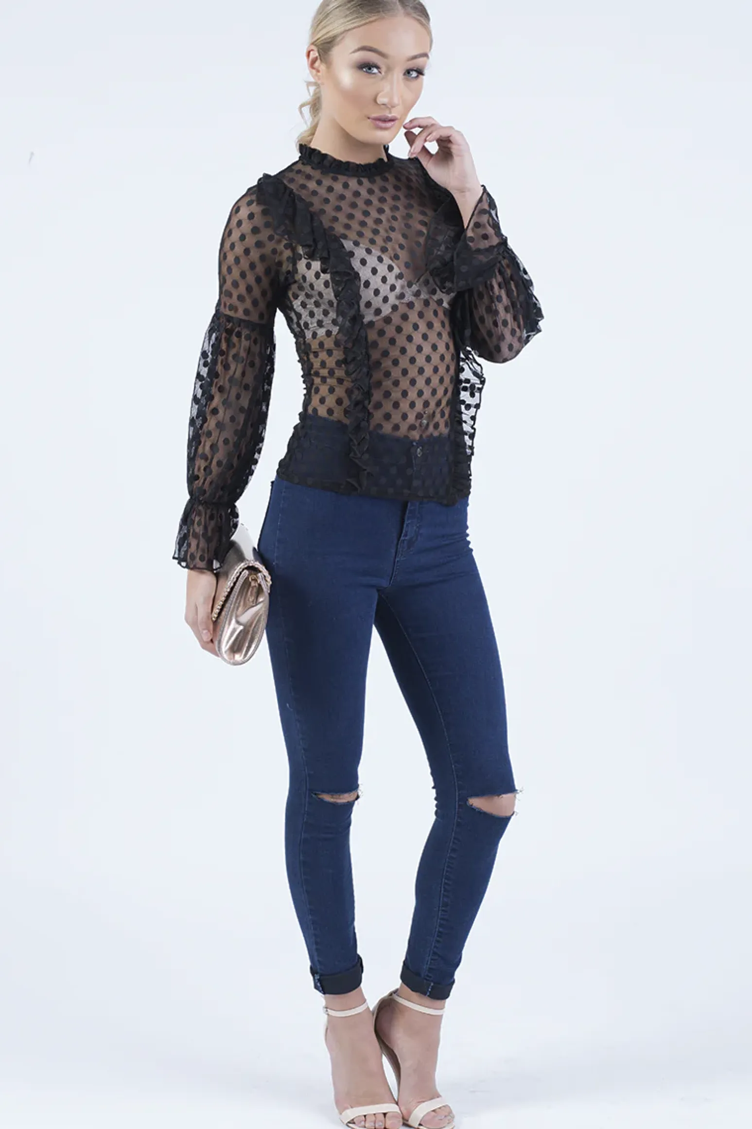 Rebellious Fashion Black Sheer Polka Dot Frill Blouse - Kaitlin