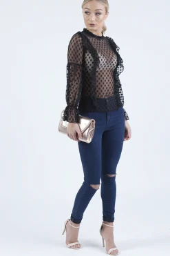 Rebellious Fashion Black Sheer Polka Dot Frill Blouse - Kaitlin