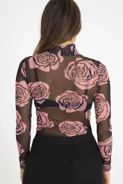 Rebellious Fashion Black Sheer Rose Bodysuit - Adelaide