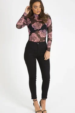 Rebellious Fashion Black Sheer Rose Bodysuit - Adelaide