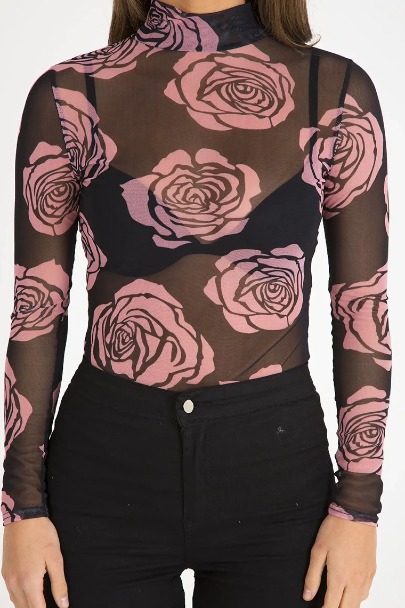 Rebellious Fashion Black Sheer Rose Bodysuit - Adelaide