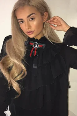 Rebellious Fashion Black Sheer Ruffle Blouse with Striped Neck Tie - Viktoria