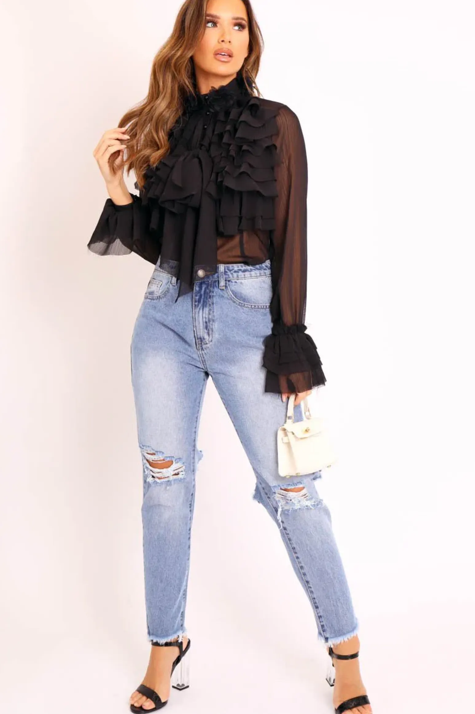 Rebellious Fashion Black Sheer Ruffle Floral Applique Shirt - Angelinna