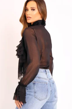 Rebellious Fashion Black Sheer Ruffle Floral Applique Shirt - Angelinna