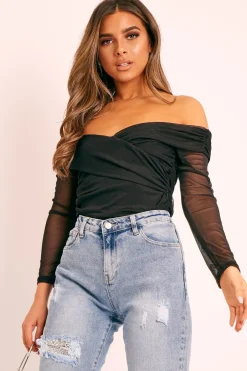 Rebellious Fashion Black Sheer Wrap Bodysuit - Rafaella