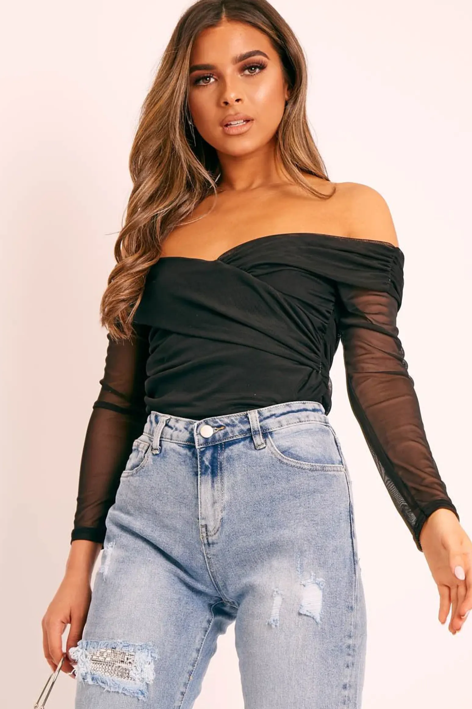 Rebellious Fashion Black Sheer Wrap Bodysuit - Rafaella