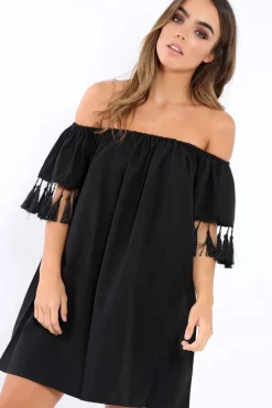 Rebellious Fashion Black Shift Dress With Tassle Sleeves - Danielle