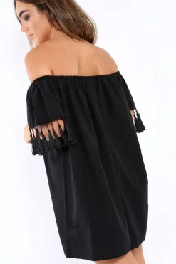 Rebellious Fashion Black Shift Dress With Tassle Sleeves - Danielle