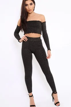 Rebellious Fashion Black Shimmery Ribbed Knit Co-ord - Luna