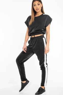 Rebellious Fashion Black Shiny Contrast Stripe Crop Top Joggers Co-Ord - Maisey