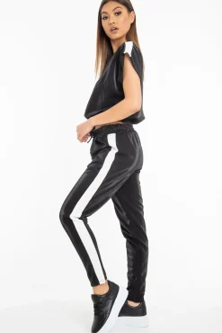 Rebellious Fashion Black Shiny Contrast Stripe Crop Top Joggers Co-Ord - Maisey