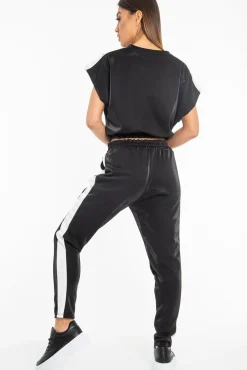 Rebellious Fashion Black Shiny Contrast Stripe Crop Top Joggers Co-Ord - Maisey