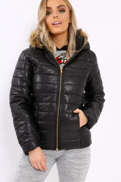 Rebellious Fashion Black Shiny Puffer Coat with Fur Hood - Idy