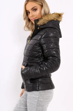 Rebellious Fashion Black Shiny Puffer Coat with Fur Hood - Idy