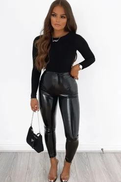 Rebellious Fashion Black Shiny Vinyl PU Leggings - Rio