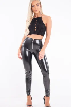 Rebellious Fashion Black Shiny Vinyl Zip Front Leggings - Bonnie
