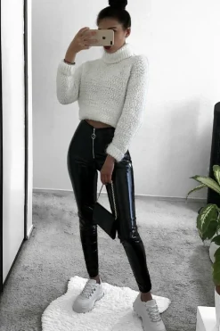 Rebellious Fashion Black Shiny Vinyl Zip Front Leggings - Bonnie