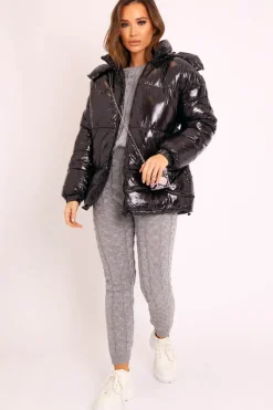 Rebellious Fashion Black Shiny Wet Look Chunky Hooded Puffer Coat - Syra