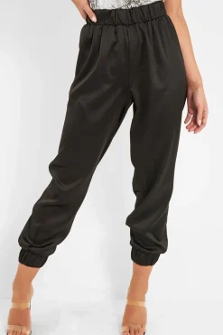 Rebellious Fashion Black Shiny Woven Cargo Trousers - Atley