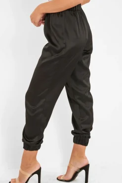 Rebellious Fashion Black Shiny Woven Cargo Trousers - Atley