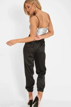 Rebellious Fashion Black Shiny Woven Cargo Trousers - Atley
