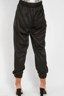 Rebellious Fashion Black Shiny Woven Cargo Trousers - Atley