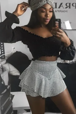Rebellious Fashion Black Shirred Bardot Crop Top - Abisha