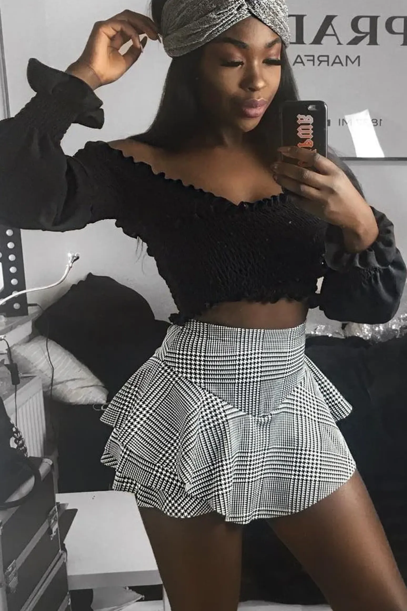 Rebellious Fashion Black Shirred Bardot Crop Top - Abisha