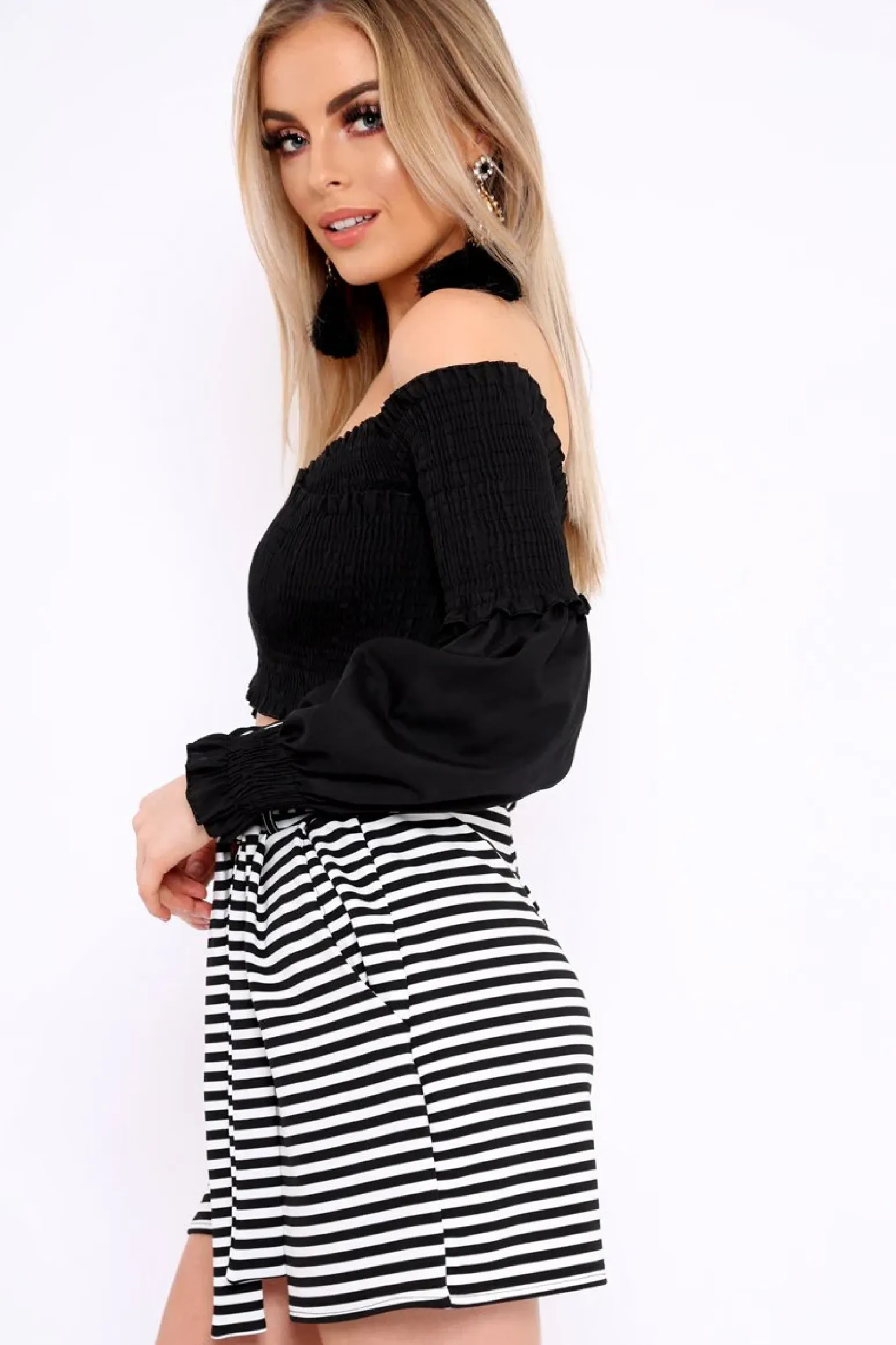 Rebellious Fashion Black Shirred Bardot Crop Top - Abisha
